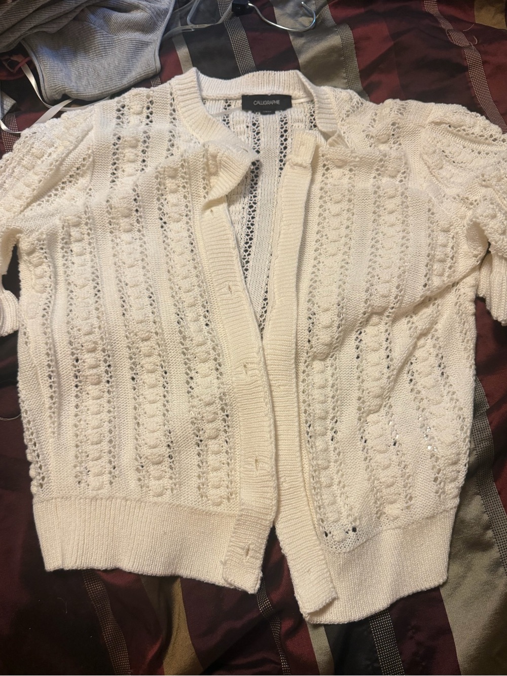 Cream Openwork Knit Short-Sleeve Cardigan Sweater